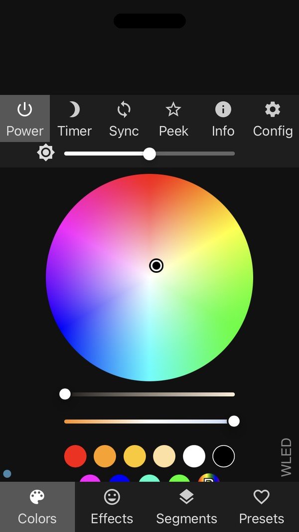 SmartParol app: colour wheel, brightness, effects, segments and presets